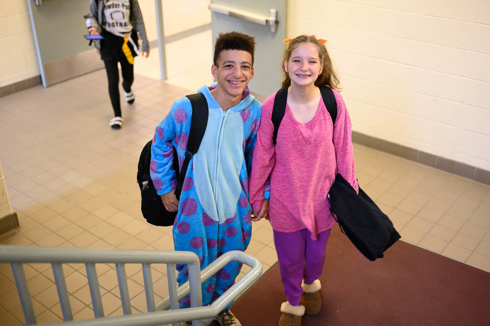 Two students in Halloween costumes