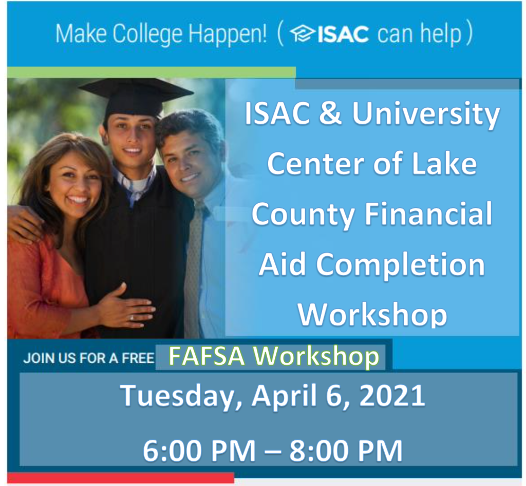 Graduate with mom and dad. ISAC & university Center of Lake County Financial Aid Completion Workshop